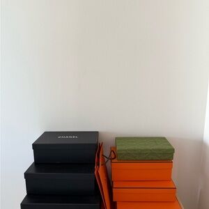 Chanel Black, Hermes shopping bag, Orange Box, small Gucci box